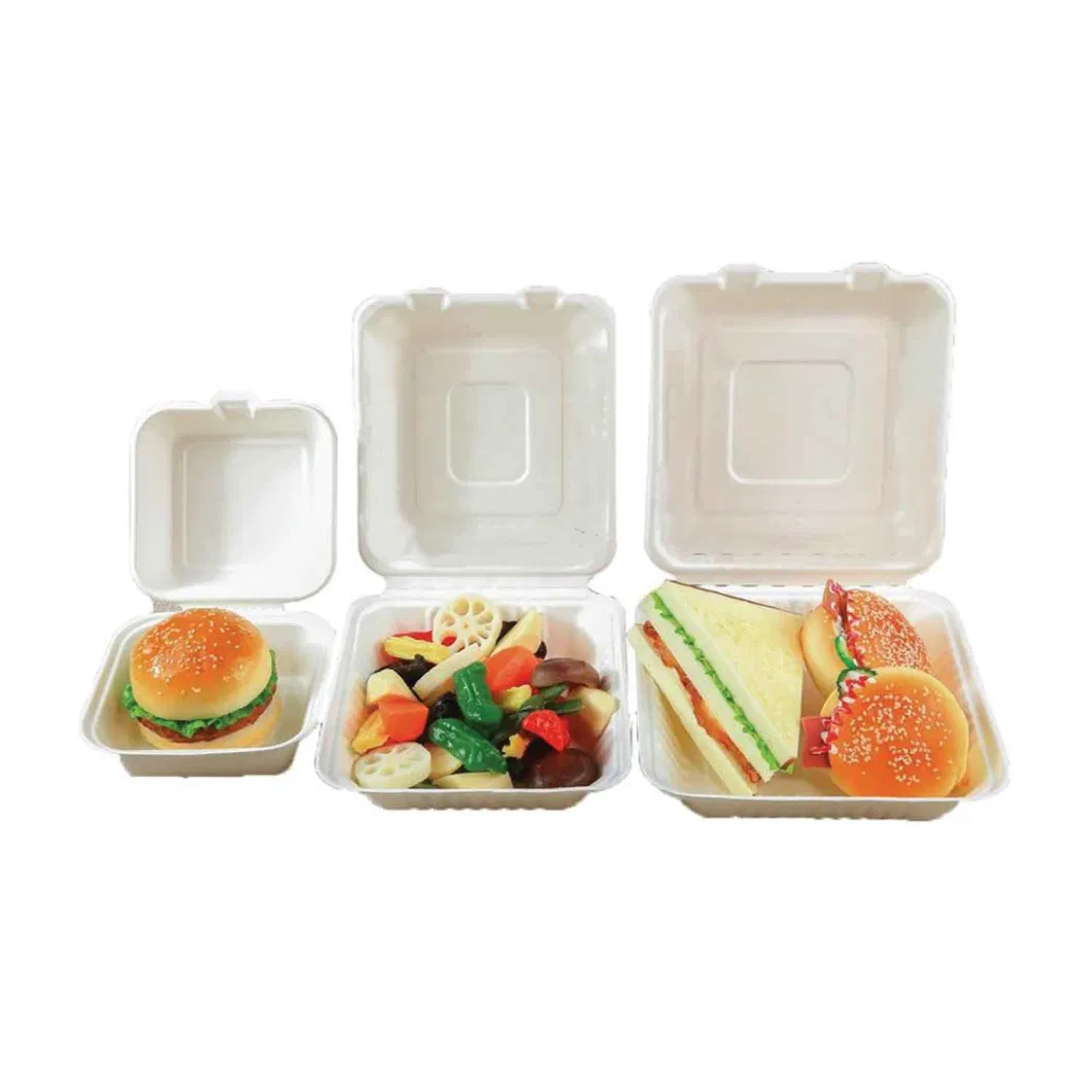 Wholesale Environmentally Biodegradable Disposable Sugarcane Fiber Hinged Lid White Clamshell Packaging Box for Food